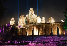 Bayon temple illuminated for Khmer New Year, one of the most important public holidays in Cambodia