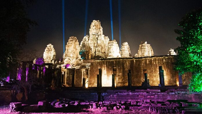 Bayon temple illuminated for Khmer New Year