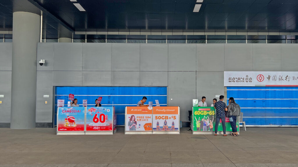 Buy prepaid mobile data SIM cards just outside the arrival hall at Siem Reap's new airport