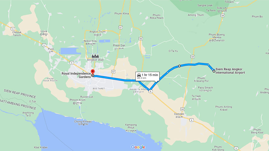 Siem Reap Airport map by Google Maps, showing its location in proximity to Siem Reap town and Angkor Wat